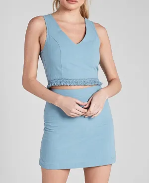 Sleeveless Fringe Hem V Neck Crop Top
