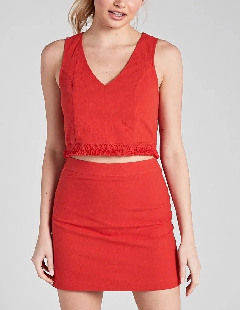 Sleeveless Fringe Hem V Neck Crop Top