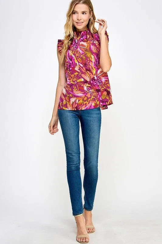 Sleeveless Mockneck Top in Fall Floral