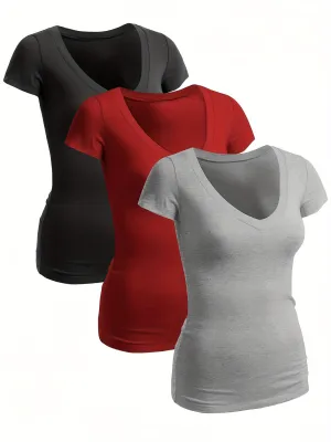 Solid Color V-Neck Short Sleeve T-Shirt – Casual & Comfortable Women's Top