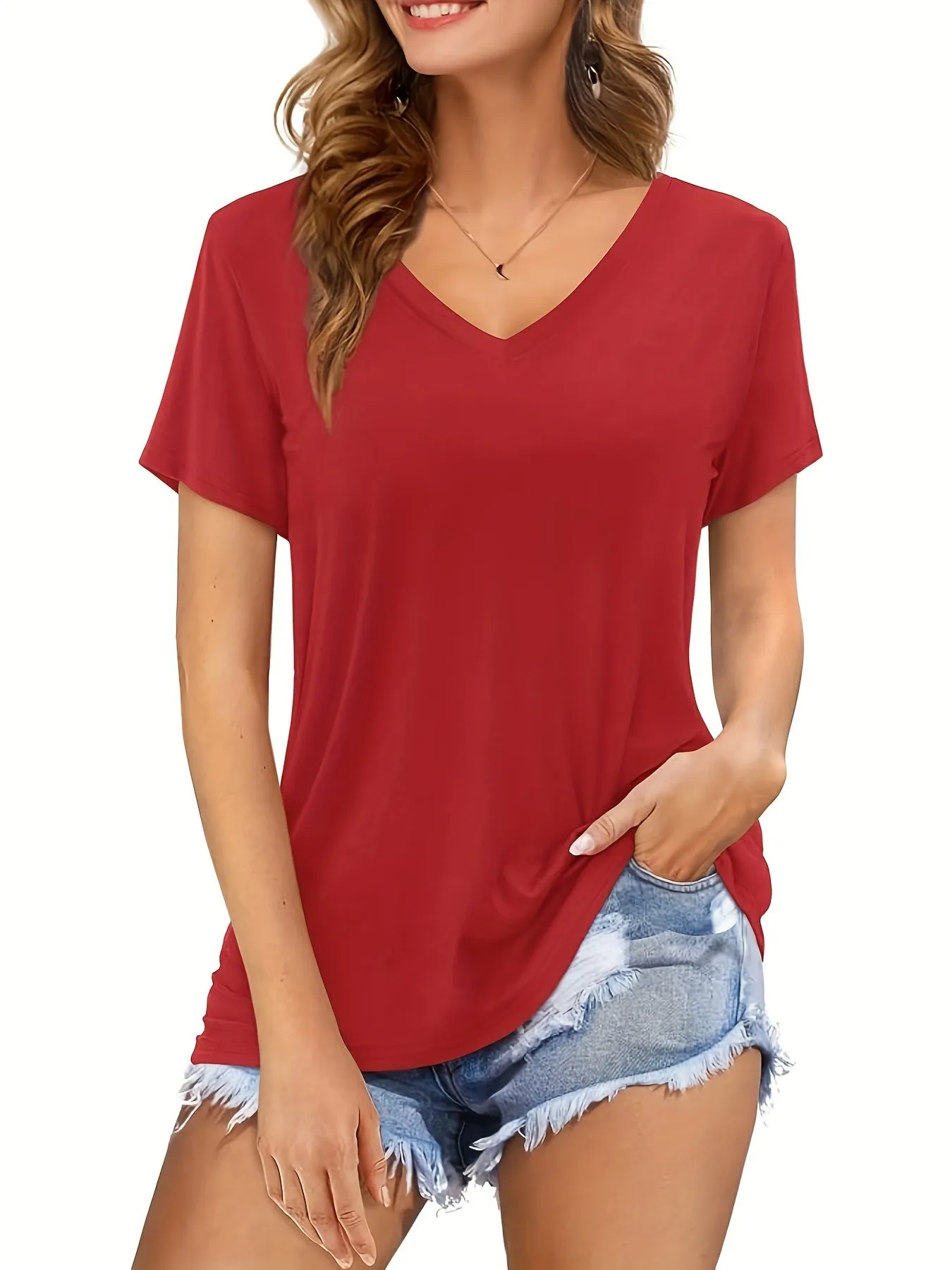 Solid Color V-Neck Short Sleeve T-Shirt – Casual & Comfortable Women's Top