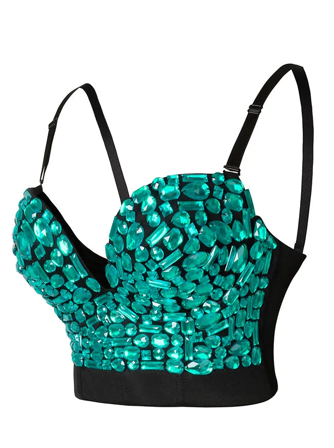 Spaghetti Straps Rhinestone Beaded Clubwear Bustier Crop Top Bra