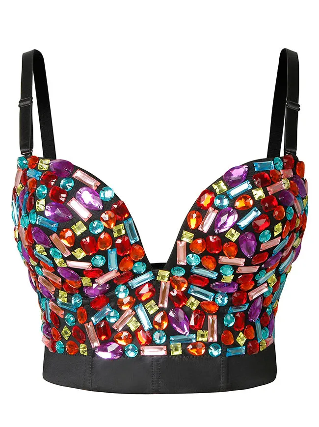 Spaghetti Straps Rhinestone Beaded Clubwear Bustier Crop Top Bra