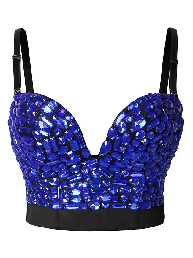 Spaghetti Straps Rhinestone Beaded Clubwear Bustier Crop Top Bra