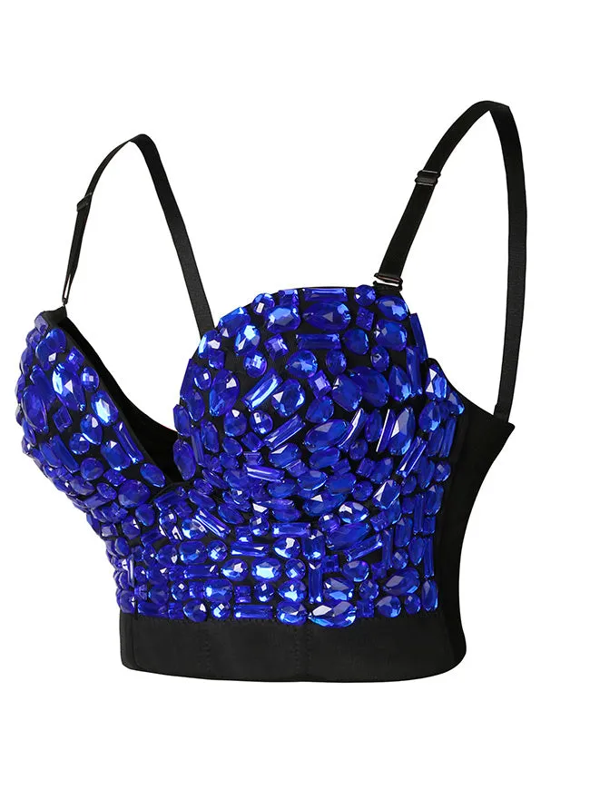 Spaghetti Straps Rhinestone Beaded Clubwear Bustier Crop Top Bra