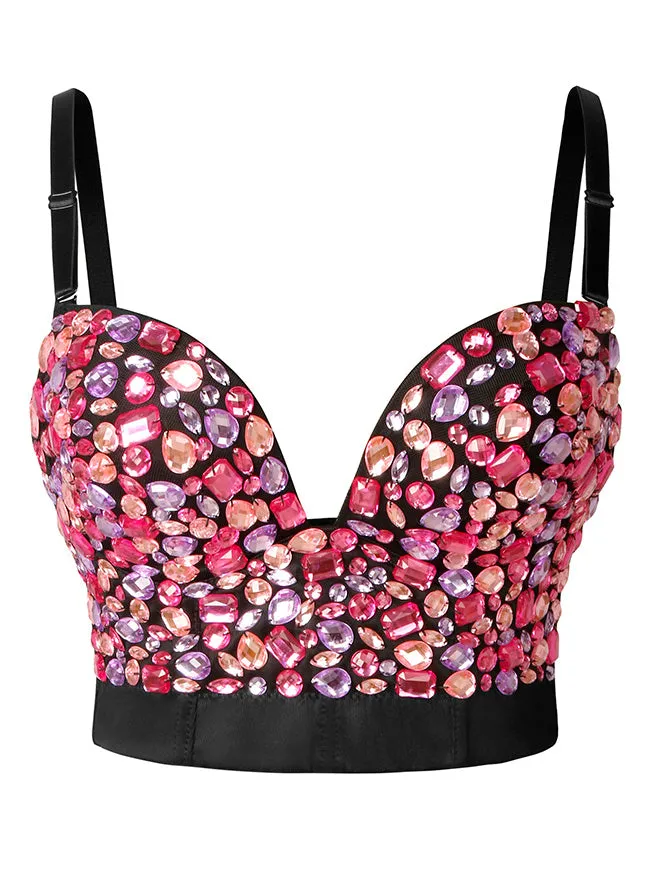 Spaghetti Straps Rhinestone Beaded Clubwear Bustier Crop Top Bra