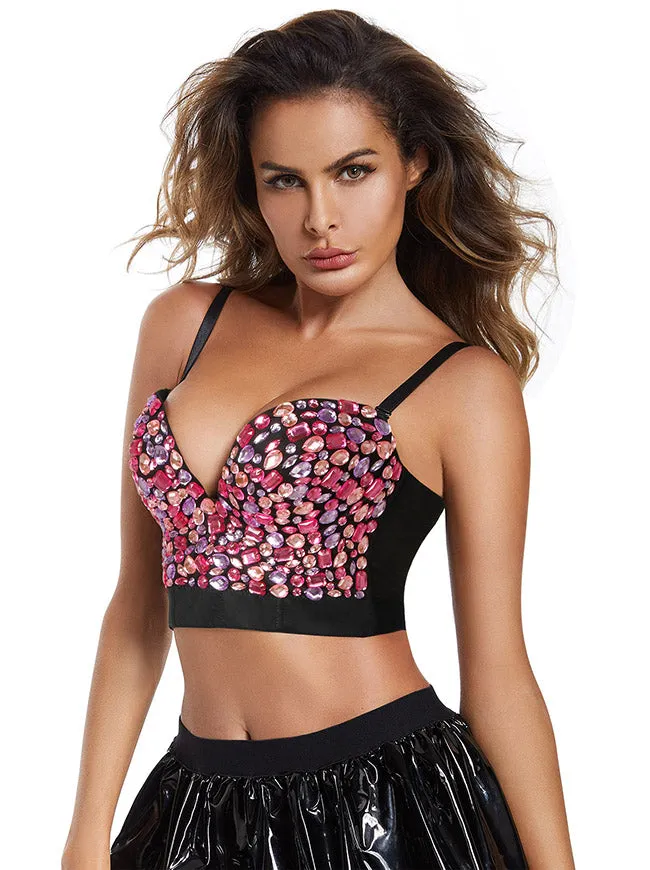 Spaghetti Straps Rhinestone Beaded Clubwear Bustier Crop Top Bra