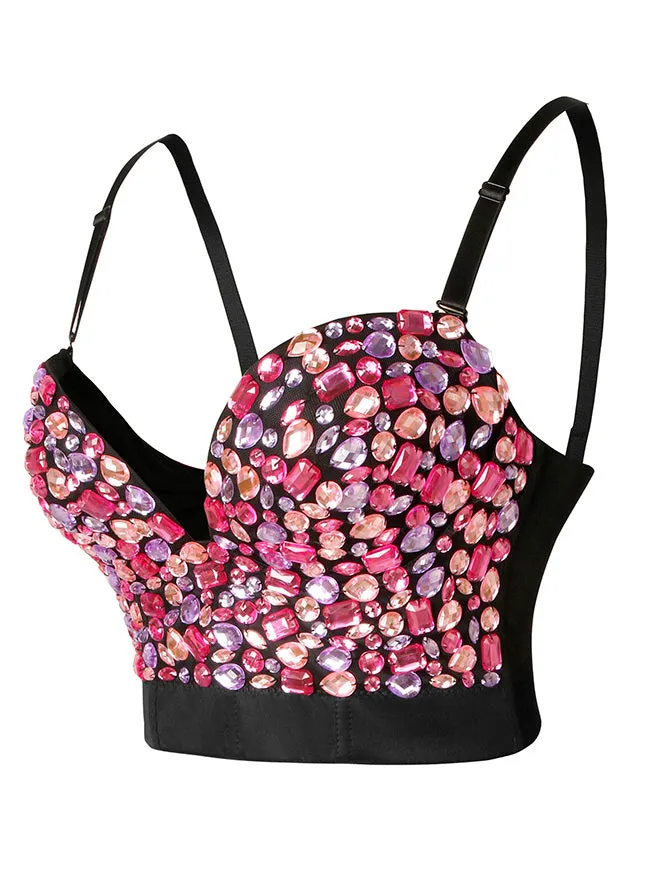 Spaghetti Straps Rhinestone Beaded Clubwear Bustier Crop Top Bra