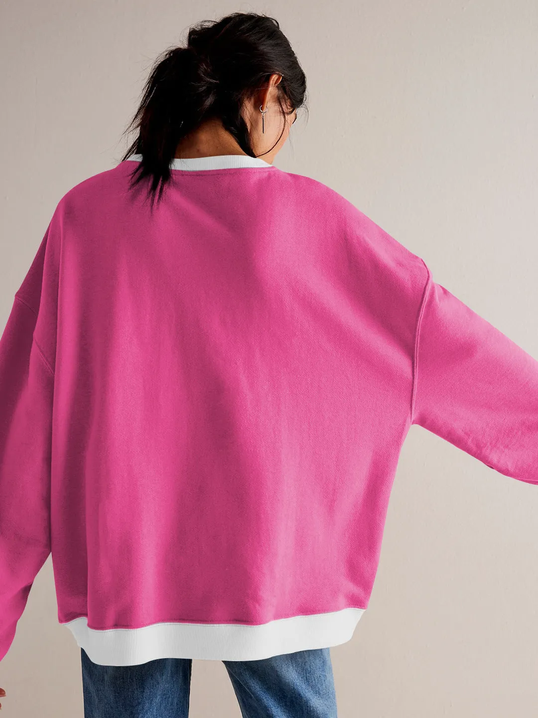 Street Style Contrast Color Ribbed Long Sleeve Top, Loose Fashion Brand Dropped Shoulder Round Neck Sweatshirt Jacket for Women, Spring and Autumn.C-240923-2