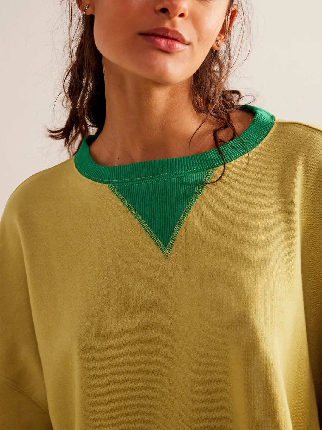 Street Style Contrast Color Ribbed Long Sleeve Top, Loose Fashion Brand Dropped Shoulder Round Neck Sweatshirt Jacket for Women, Spring and Autumn.C-240923-2