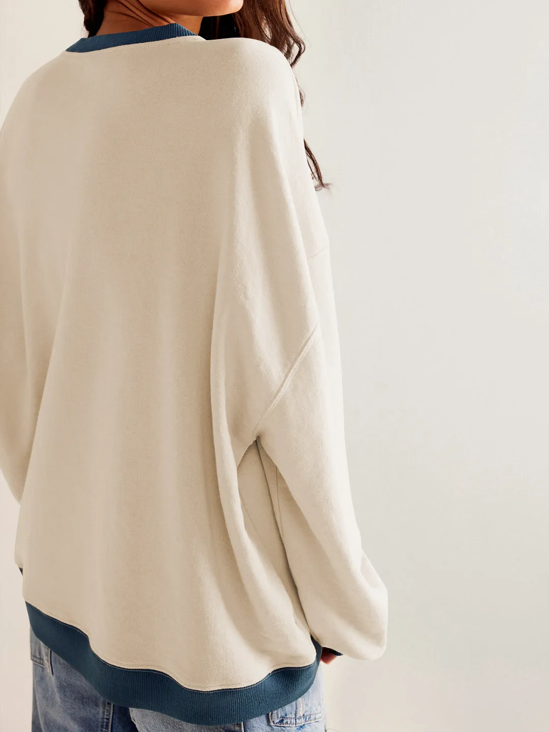 Street Style Contrast Color Ribbed Long Sleeve Top, Loose Fashion Brand Dropped Shoulder Round Neck Sweatshirt Jacket for Women, Spring and Autumn.C-240923-2