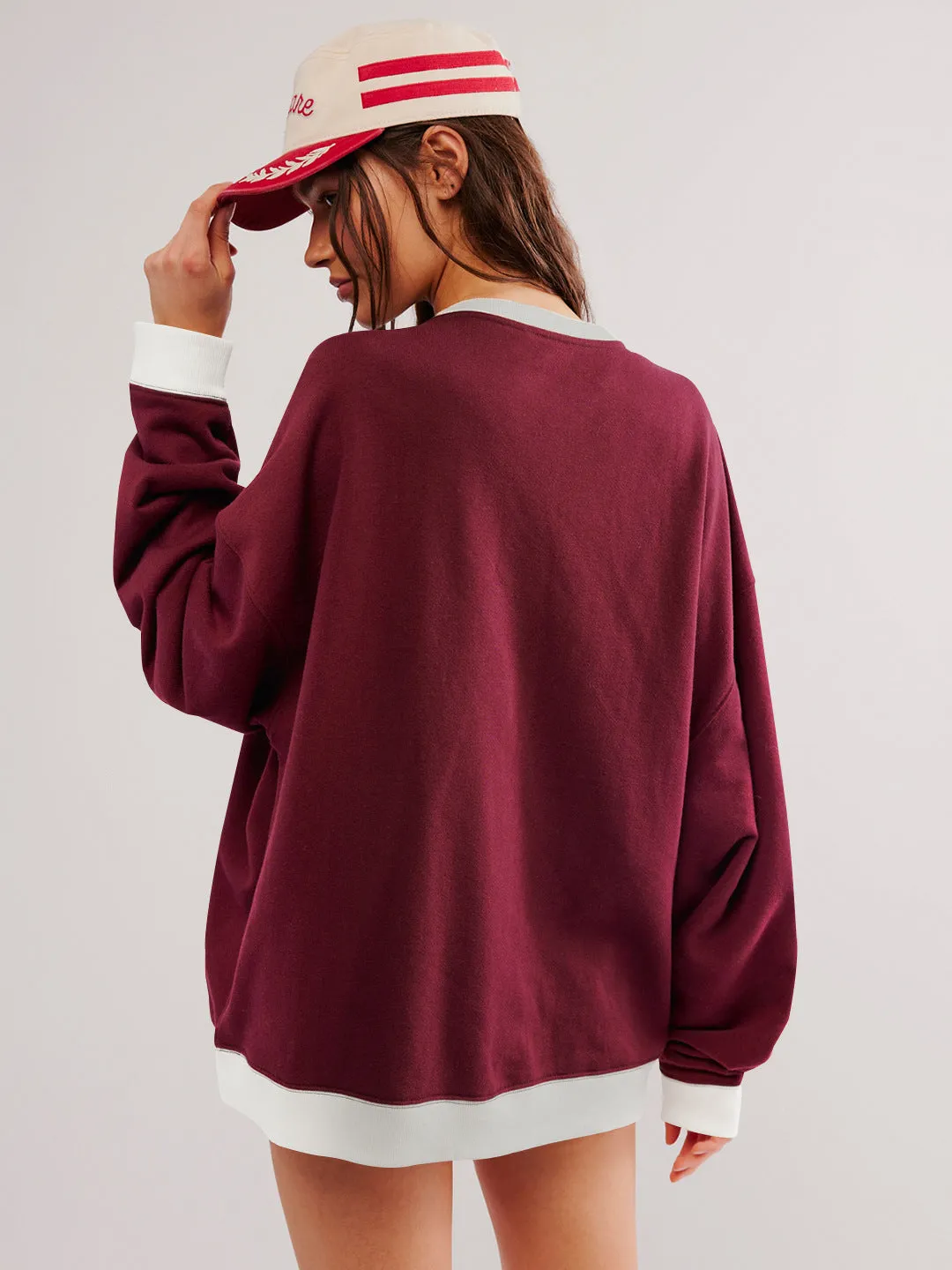 Street Style Contrast Color Ribbed Long Sleeve Top, Loose Fashion Brand Dropped Shoulder Round Neck Sweatshirt Jacket for Women, Spring and Autumn.C-240923-2