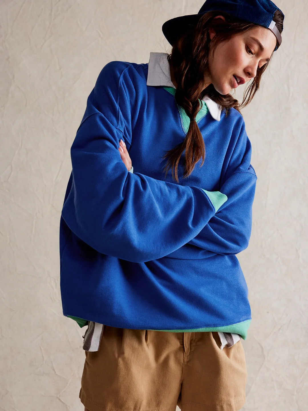 Street Style Contrast Color Ribbed Long Sleeve Top, Loose Fashion Brand Dropped Shoulder Round Neck Sweatshirt Jacket for Women, Spring and Autumn.C-240923-2