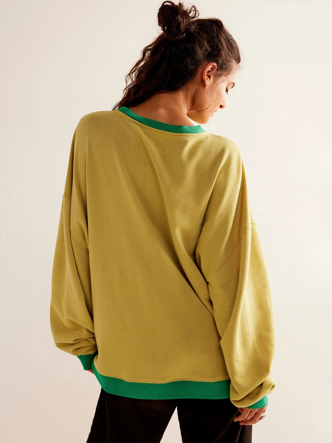 Street Style Contrast Color Ribbed Long Sleeve Top, Loose Fashion Brand Dropped Shoulder Round Neck Sweatshirt Jacket for Women, Spring and Autumn.C-240923-2