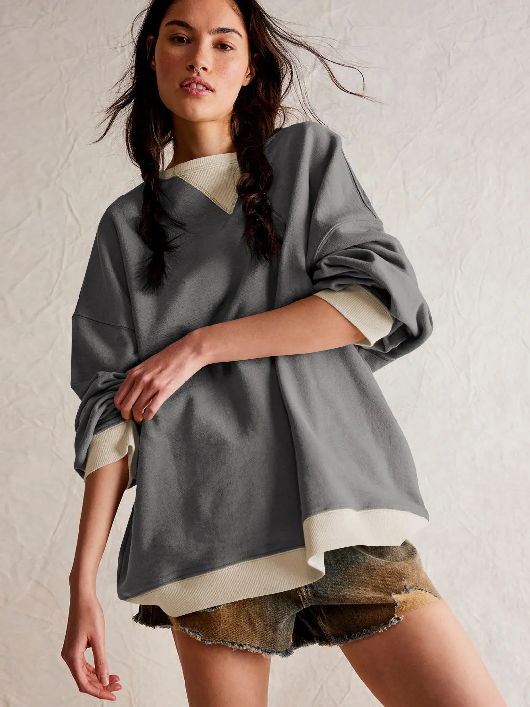 Street Style Contrast Color Ribbed Long Sleeve Top, Loose Fashion Brand Dropped Shoulder Round Neck Sweatshirt Jacket for Women, Spring and Autumn.C-240923-2