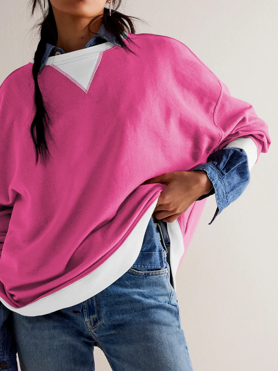 Street Style Contrast Color Ribbed Long Sleeve Top, Loose Fashion Brand Dropped Shoulder Round Neck Sweatshirt Jacket for Women, Spring and Autumn.C-240923-2