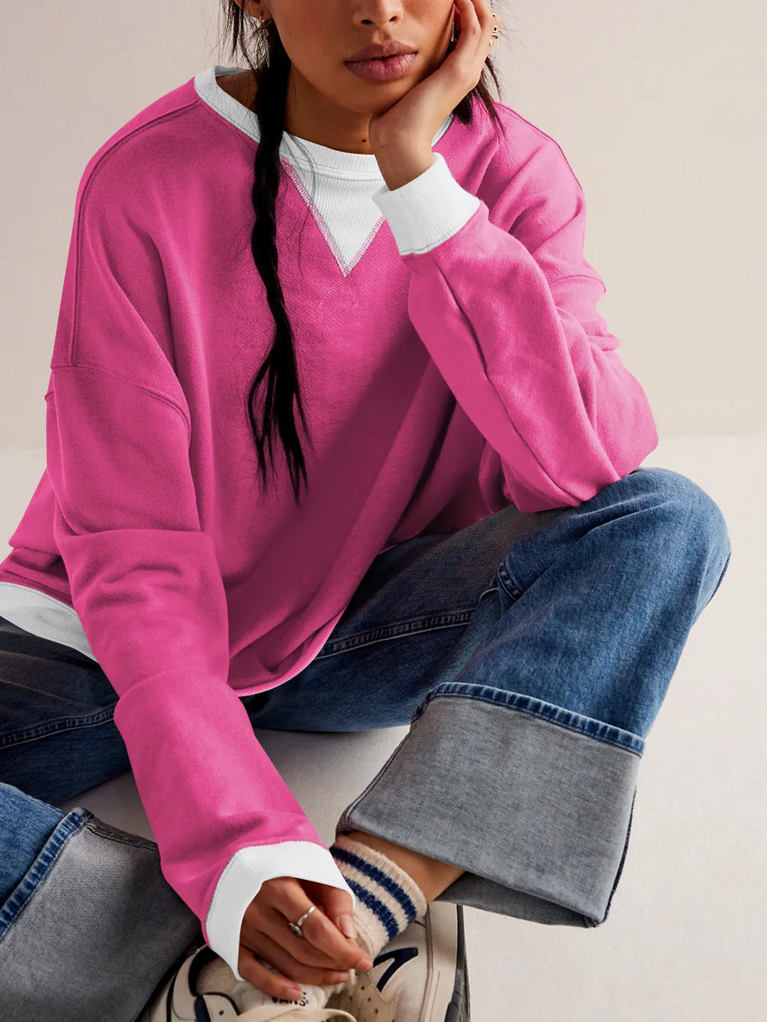 Street Style Contrast Color Ribbed Long Sleeve Top, Loose Fashion Brand Dropped Shoulder Round Neck Sweatshirt Jacket for Women, Spring and Autumn.C-240923-2