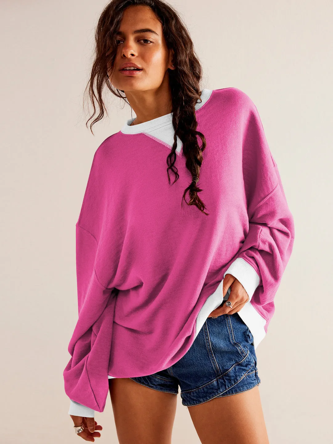 Street Style Contrast Color Ribbed Long Sleeve Top, Loose Fashion Brand Dropped Shoulder Round Neck Sweatshirt Jacket for Women, Spring and Autumn.C-240923-2