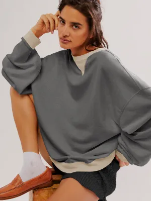 Street Style Contrast Color Ribbed Long Sleeve Top, Loose Fashion Brand Dropped Shoulder Round Neck Sweatshirt Jacket for Women, Spring and Autumn.C-240923-2