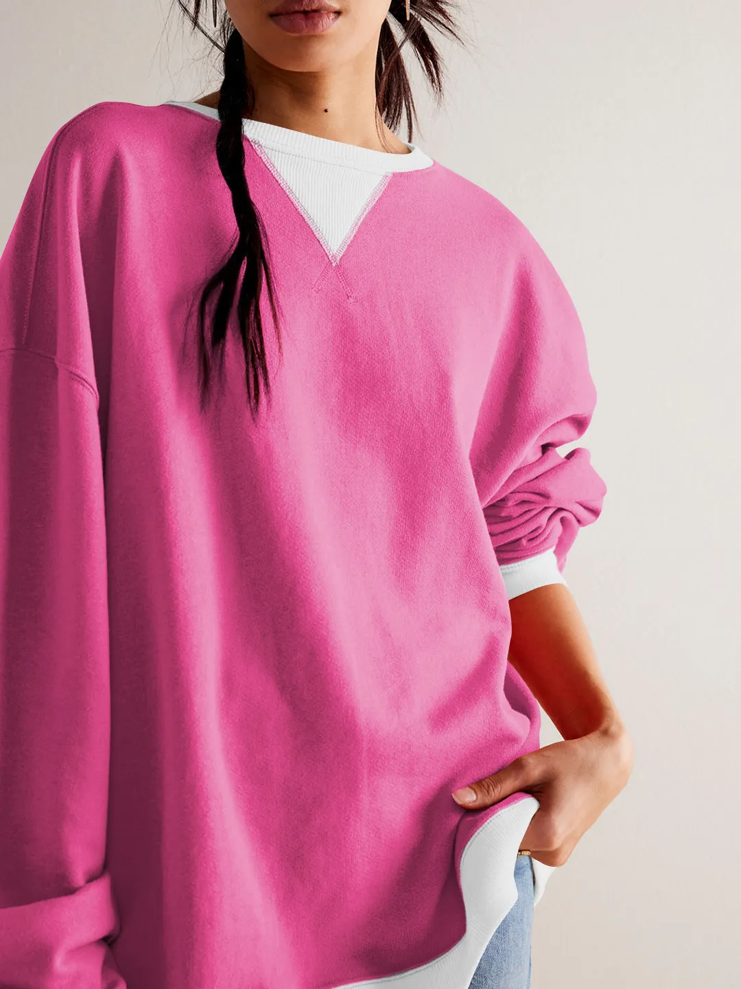 Street Style Contrast Color Ribbed Long Sleeve Top, Loose Fashion Brand Dropped Shoulder Round Neck Sweatshirt Jacket for Women, Spring and Autumn.C-240923-2