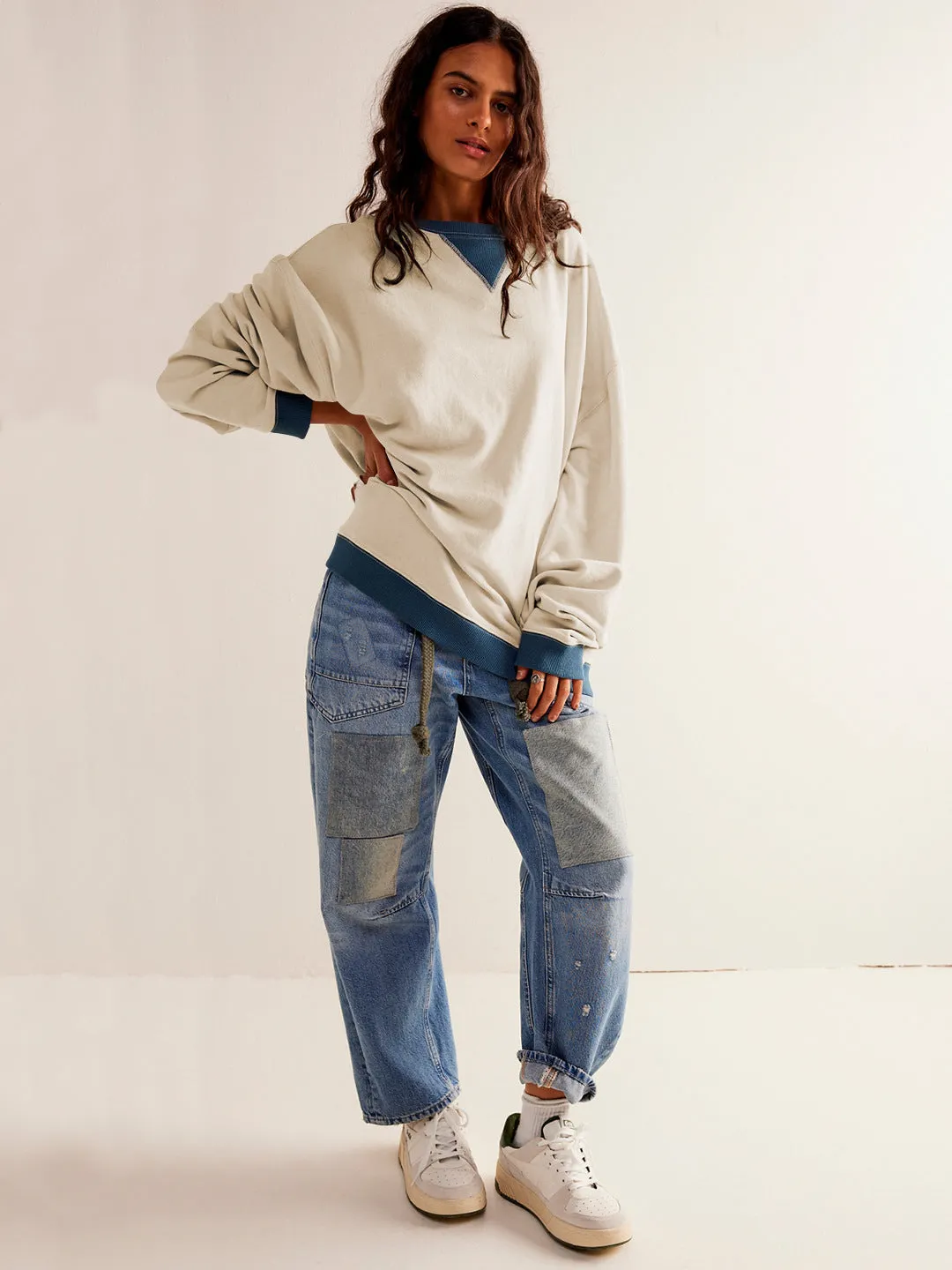 Street Style Contrast Color Ribbed Long Sleeve Top, Loose Fashion Brand Dropped Shoulder Round Neck Sweatshirt Jacket for Women, Spring and Autumn.C-240923-2