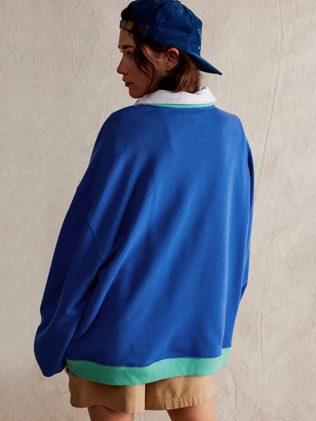 Street Style Contrast Color Ribbed Long Sleeve Top, Loose Fashion Brand Dropped Shoulder Round Neck Sweatshirt Jacket for Women, Spring and Autumn.C-240923-2