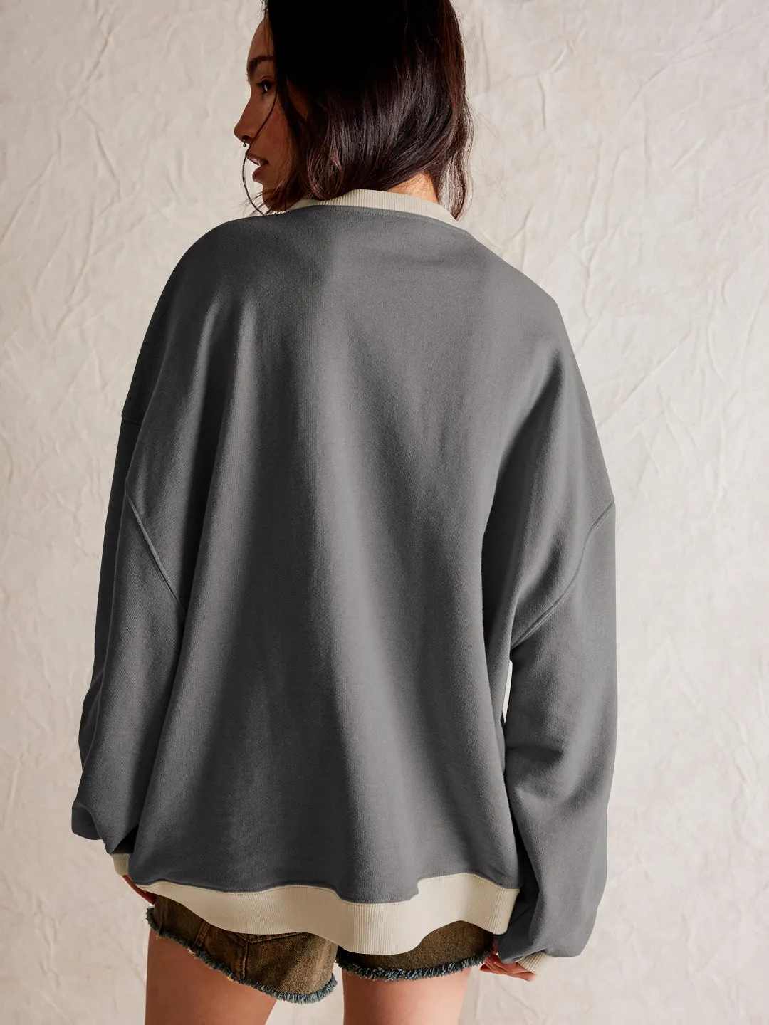 Street Style Contrast Color Ribbed Long Sleeve Top, Loose Fashion Brand Dropped Shoulder Round Neck Sweatshirt Jacket for Women, Spring and Autumn.C-240923-2