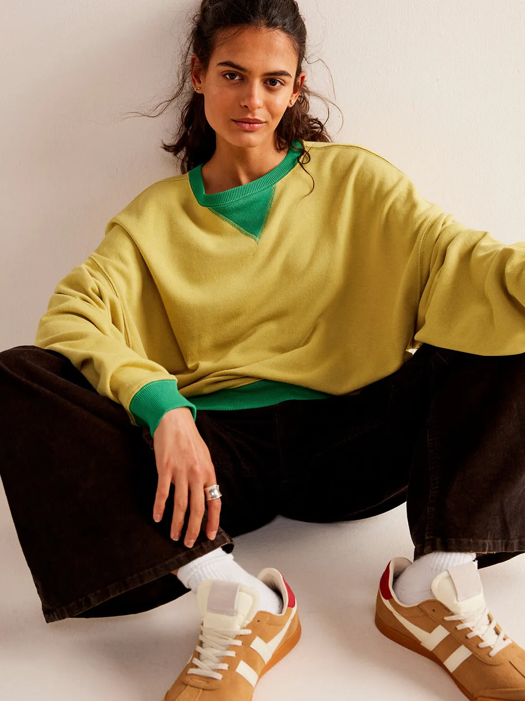 Street Style Contrast Color Ribbed Long Sleeve Top, Loose Fashion Brand Dropped Shoulder Round Neck Sweatshirt Jacket for Women, Spring and Autumn.C-240923-2