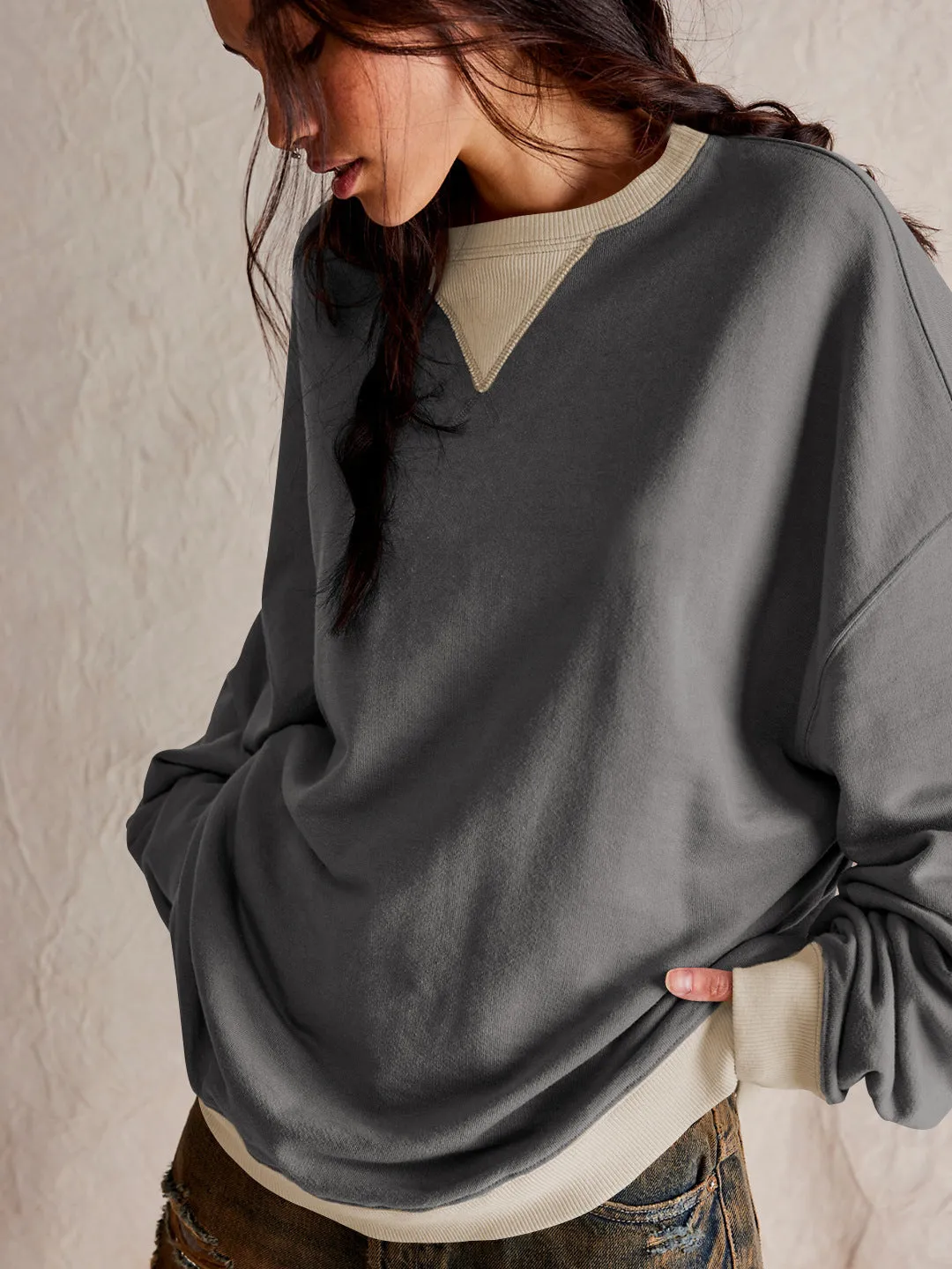 Street Style Contrast Color Ribbed Long Sleeve Top, Loose Fashion Brand Dropped Shoulder Round Neck Sweatshirt Jacket for Women, Spring and Autumn.C-240923-2