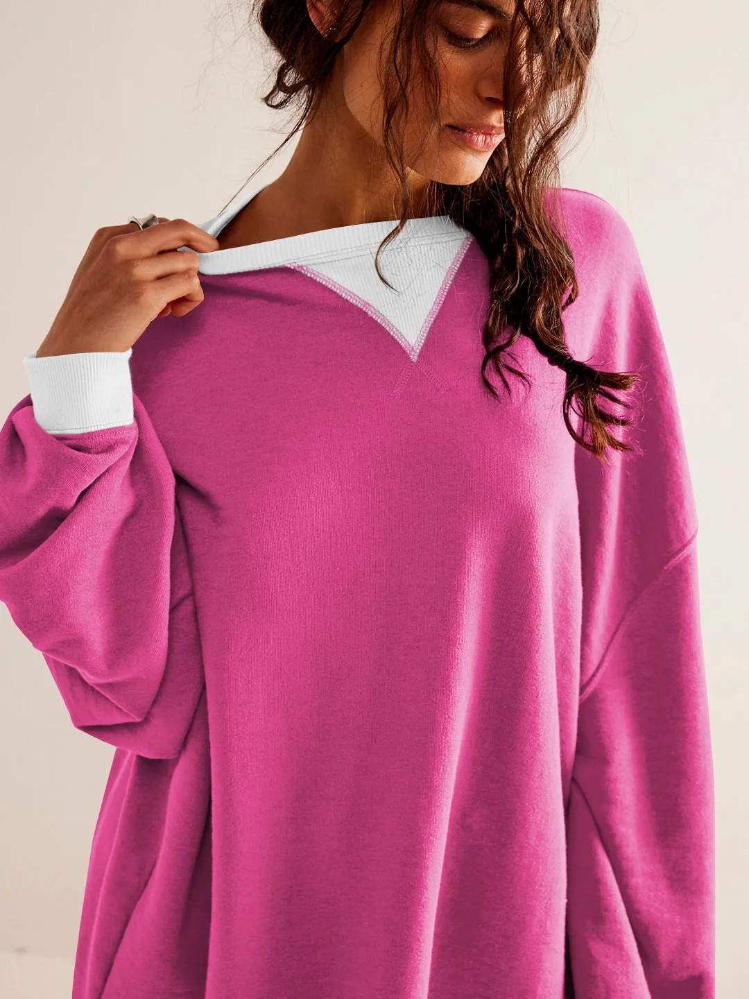 Street Style Contrast Color Ribbed Long Sleeve Top, Loose Fashion Brand Dropped Shoulder Round Neck Sweatshirt Jacket for Women, Spring and Autumn.C-240923-2