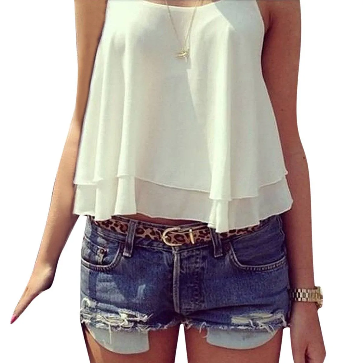 Style Tank Tops Womens Chiffon Double Layer Sleeveless Casual Solid Crop Top Plus Size S-4XL