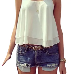 Style Tank Tops Womens Chiffon Double Layer Sleeveless Casual Solid Crop Top Plus Size S-4XL