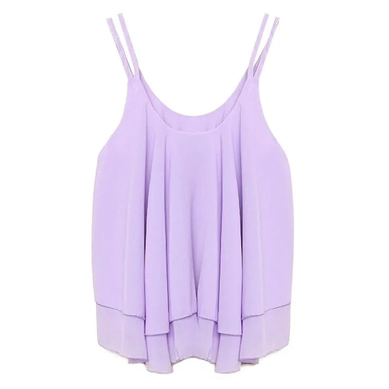 Style Tank Tops Womens Chiffon Double Layer Sleeveless Casual Solid Crop Top Plus Size S-4XL