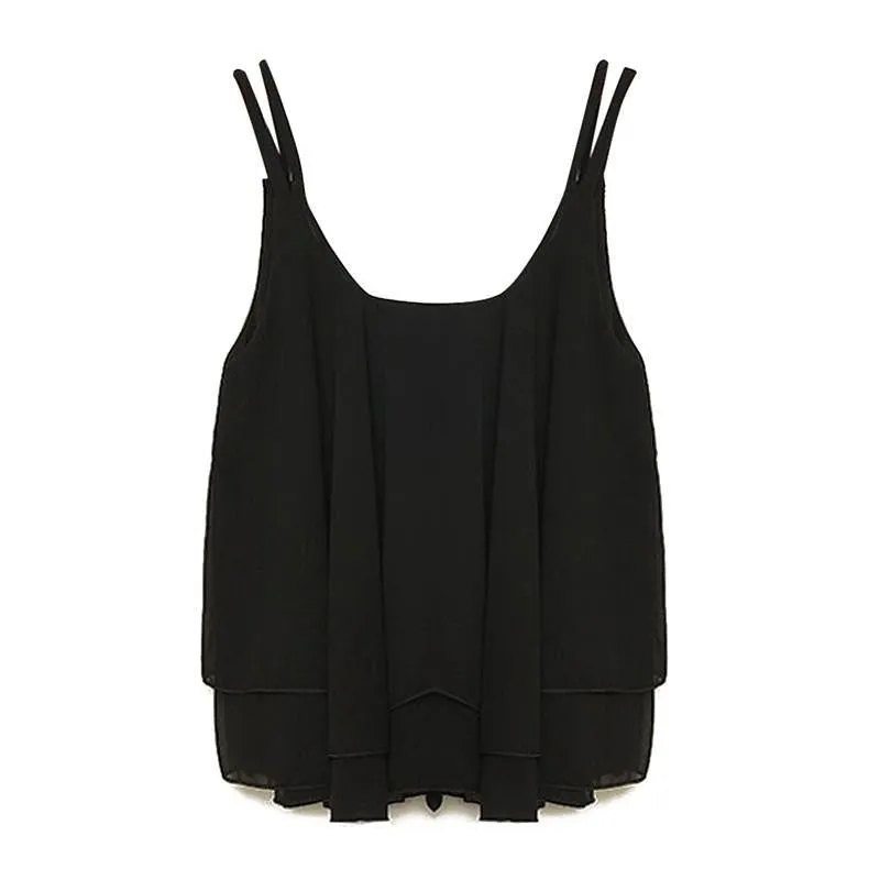 Style Tank Tops Womens Chiffon Double Layer Sleeveless Casual Solid Crop Top Plus Size S-4XL