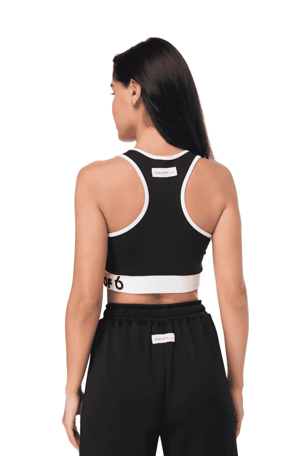 TRIBE OF 6 AMY RECYCLED SPORTS BRA TOP WITH CONTRAST HEM & EMBROIDERY