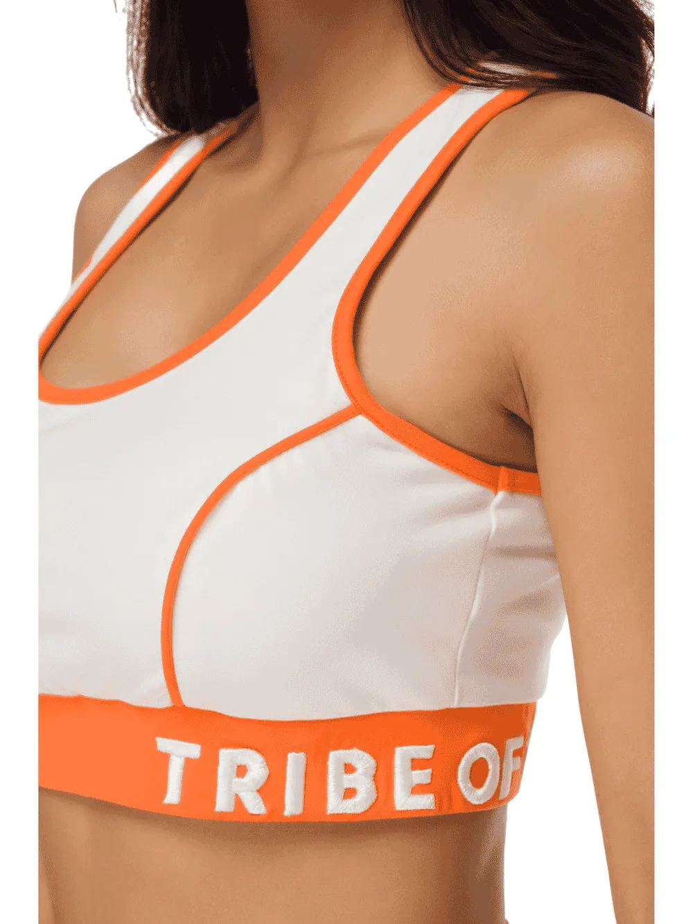 TRIBE OF 6 AMY RECYCLED SPORTS BRA TOP WITH CONTRAST HEM & EMBROIDERY