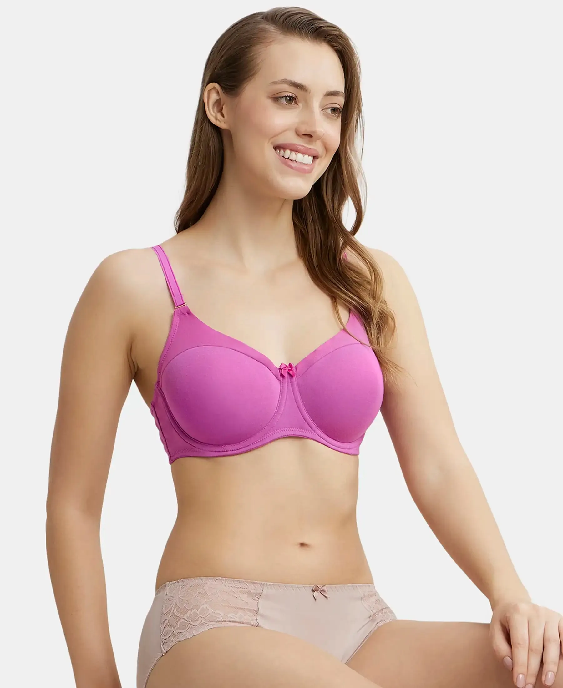 Under-Wired Padded Super Combed Cotton Elastane Stretch Full Coverage T-Shirt Bra with Stylised Mesh Panel - Lavender Scent