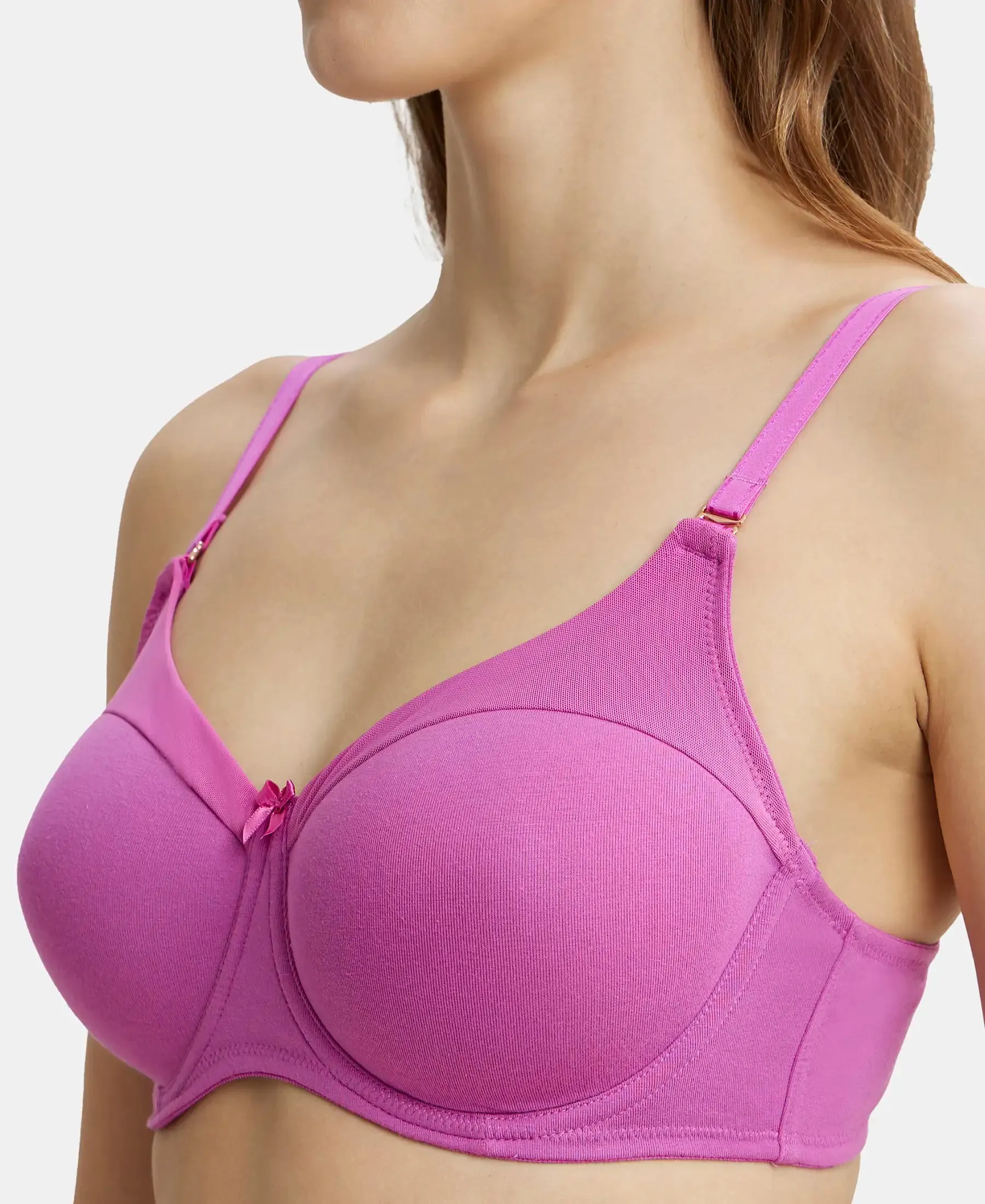 Under-Wired Padded Super Combed Cotton Elastane Stretch Full Coverage T-Shirt Bra with Stylised Mesh Panel - Lavender Scent