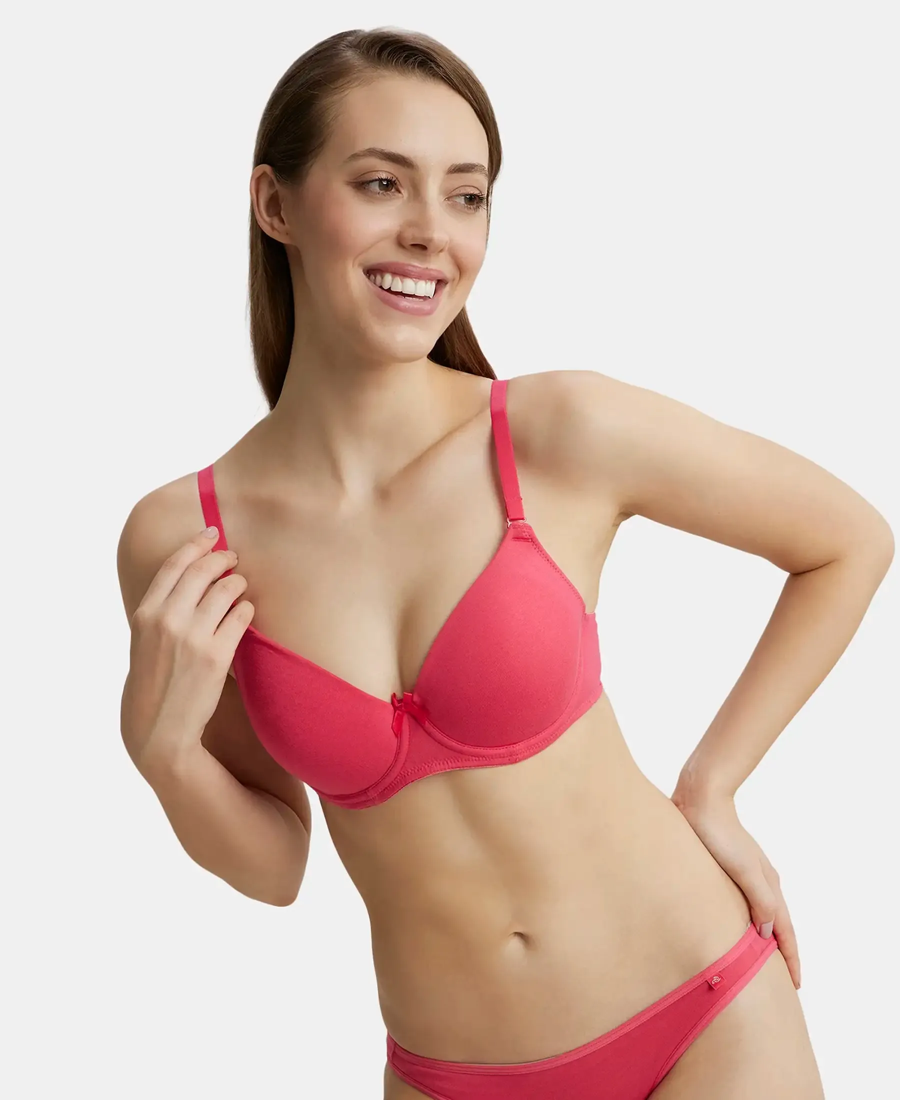 Under-Wired Padded Super Combed Cotton Elastane Stretch Medium Coverage T-Shirt Bra with Detachable Straps - Ruby
