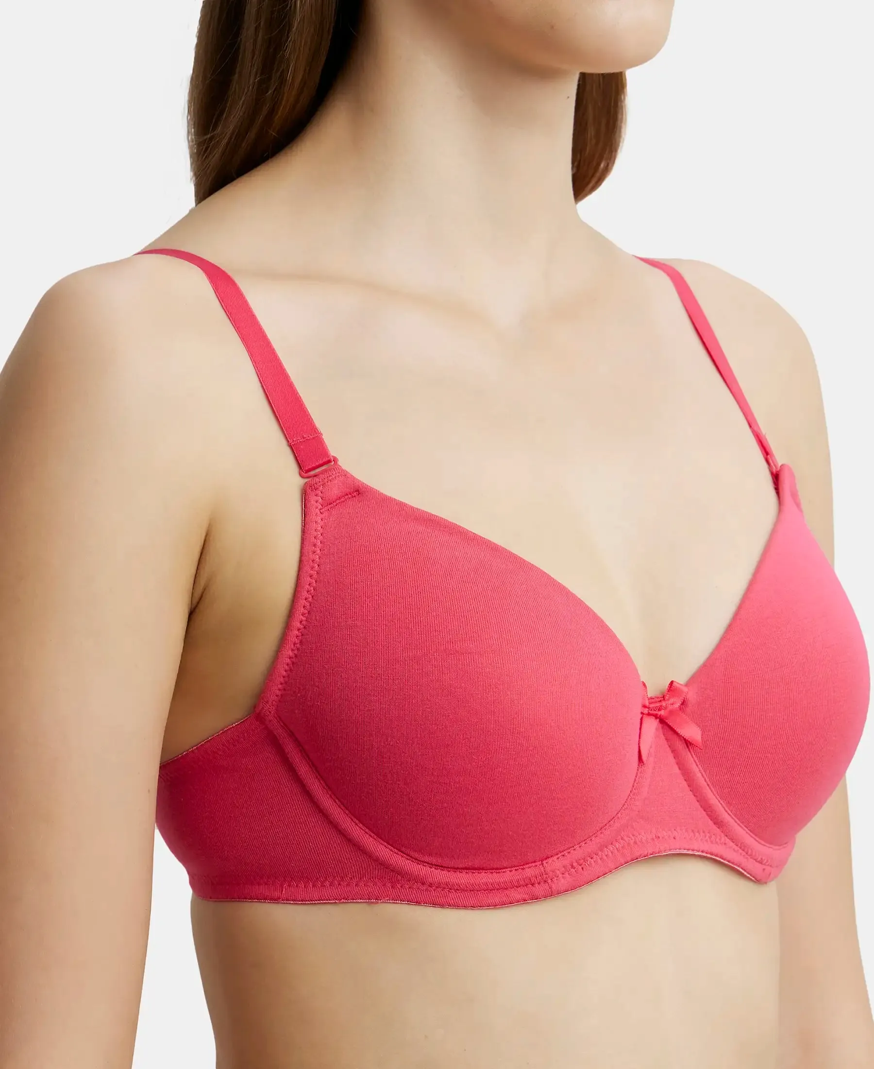 Under-Wired Padded Super Combed Cotton Elastane Stretch Medium Coverage T-Shirt Bra with Detachable Straps - Ruby