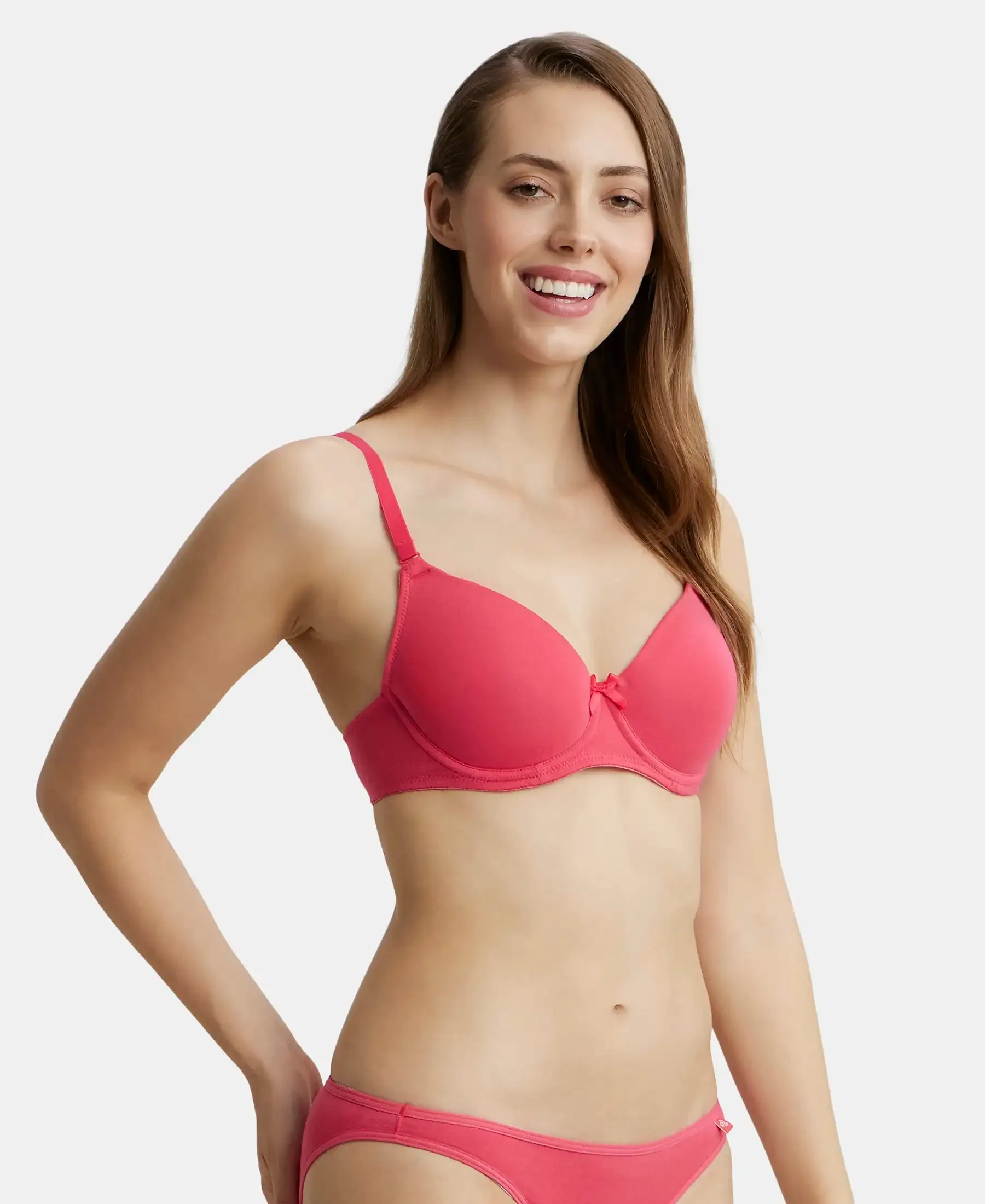 Under-Wired Padded Super Combed Cotton Elastane Stretch Medium Coverage T-Shirt Bra with Detachable Straps - Ruby