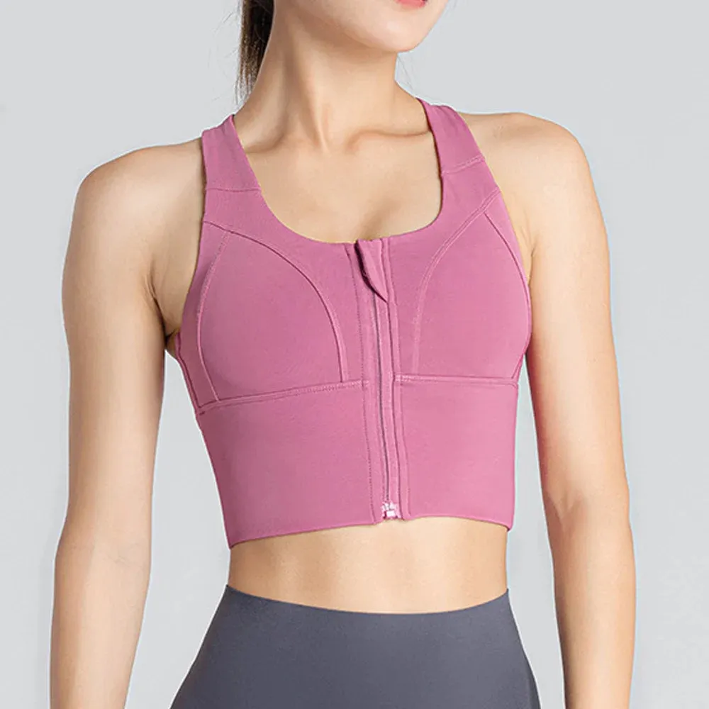 VigoBreviya Women's Solid Zipper Sports Bra - Push Up Crop Top for Fitness, Yoga & Gym