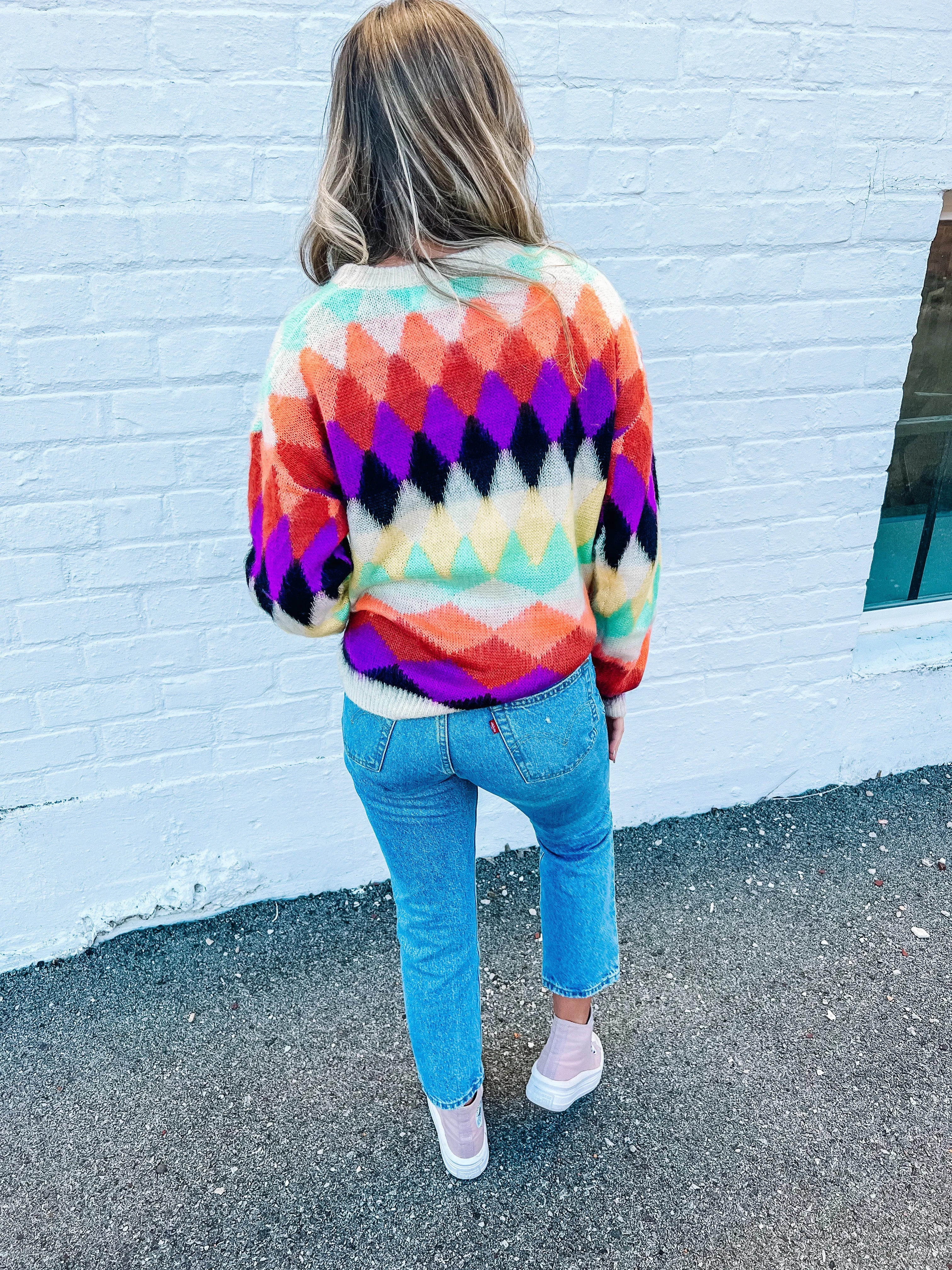 Violet-Multi Color Diamond Knit Sweater