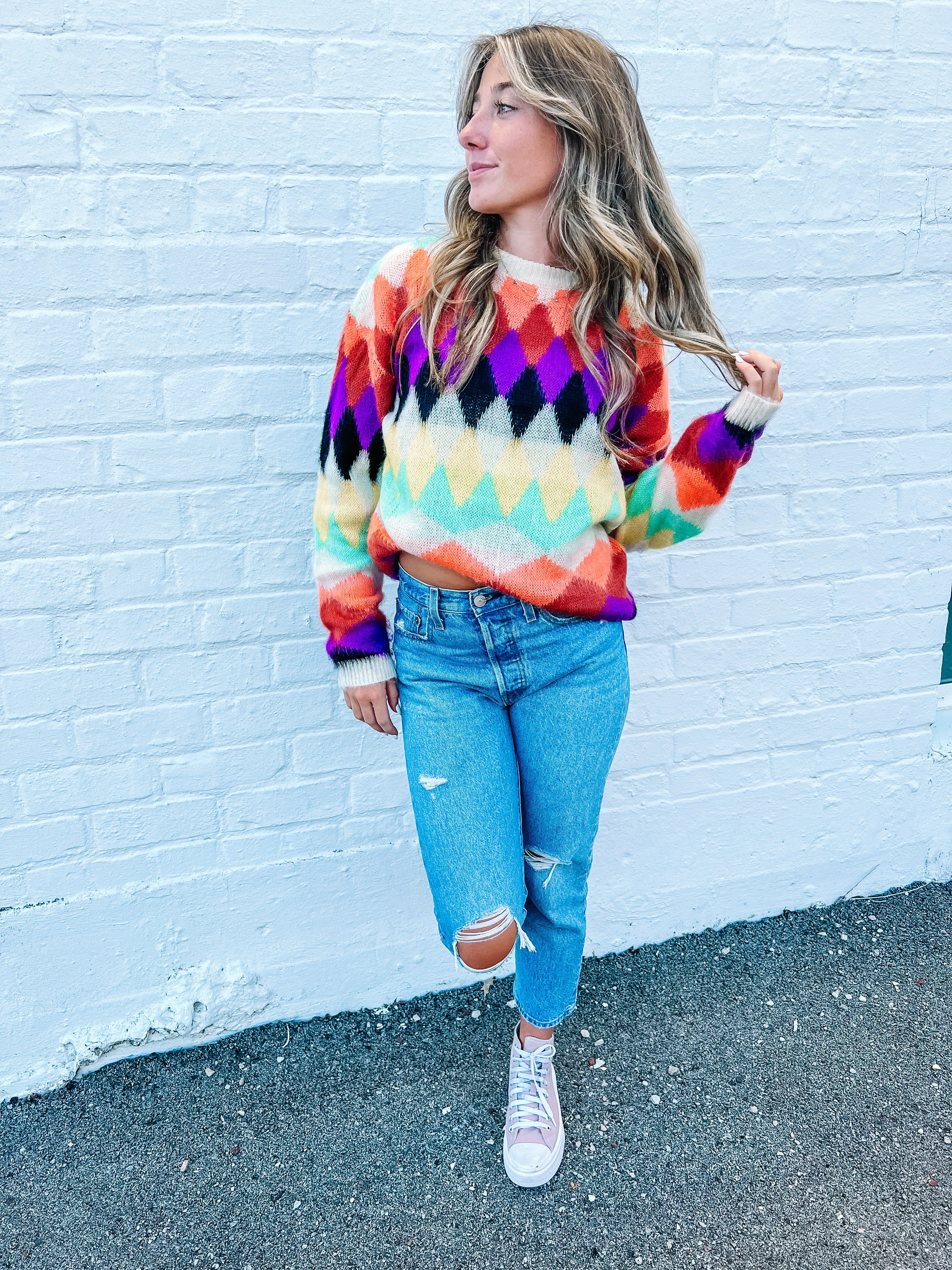 Violet-Multi Color Diamond Knit Sweater