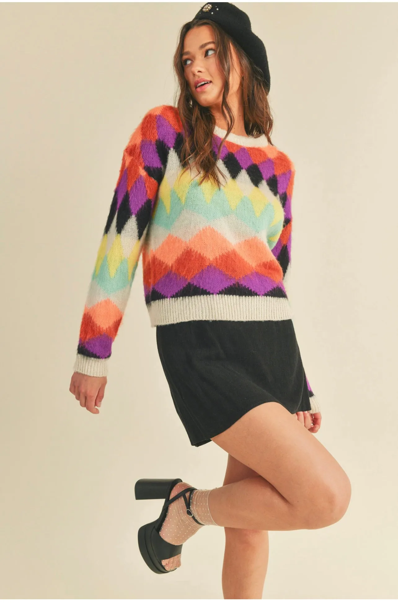 Violet-Multi Color Diamond Knit Sweater