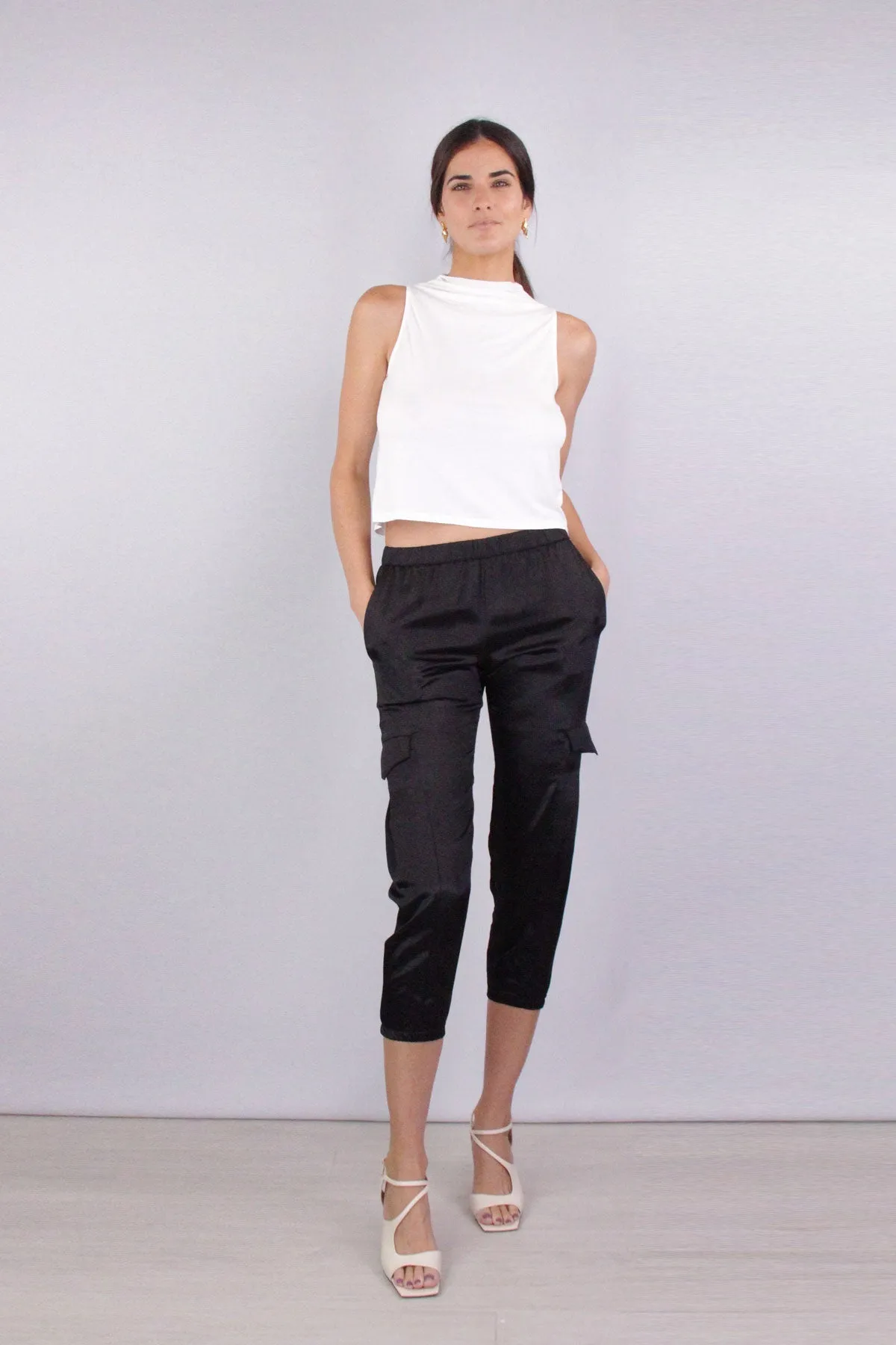 Viscose Jersey Hi-Neck Sleeveless Crop in White