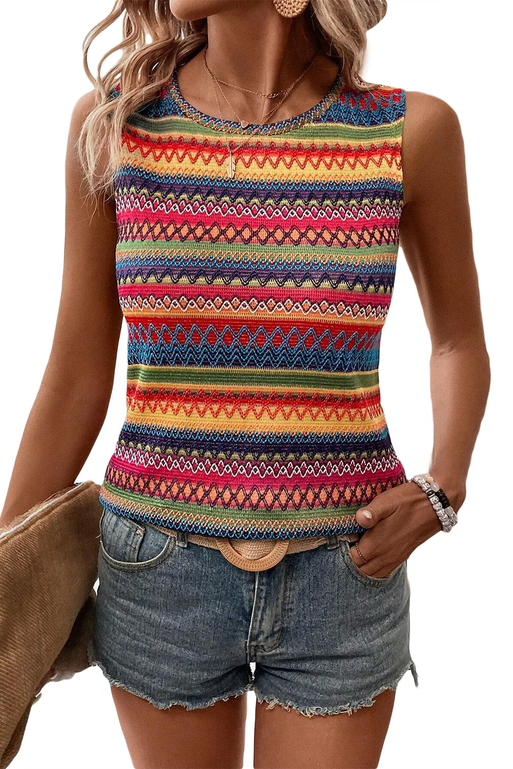 Wavy Round Neck Sleeveless Top