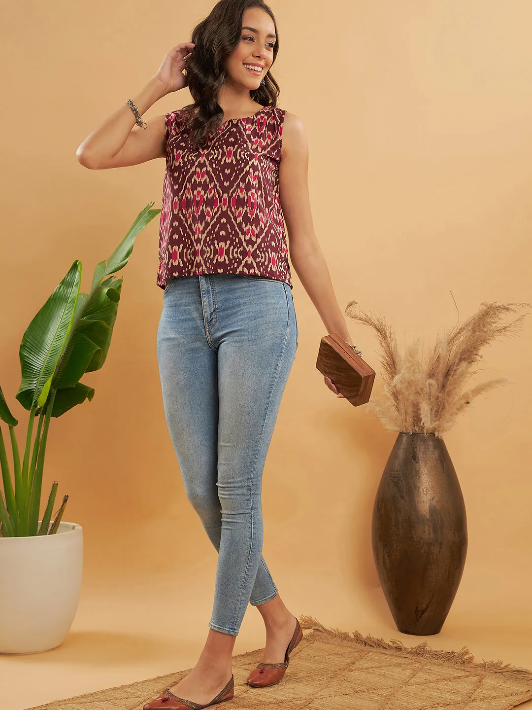Wine Ikkat Print W/U Top