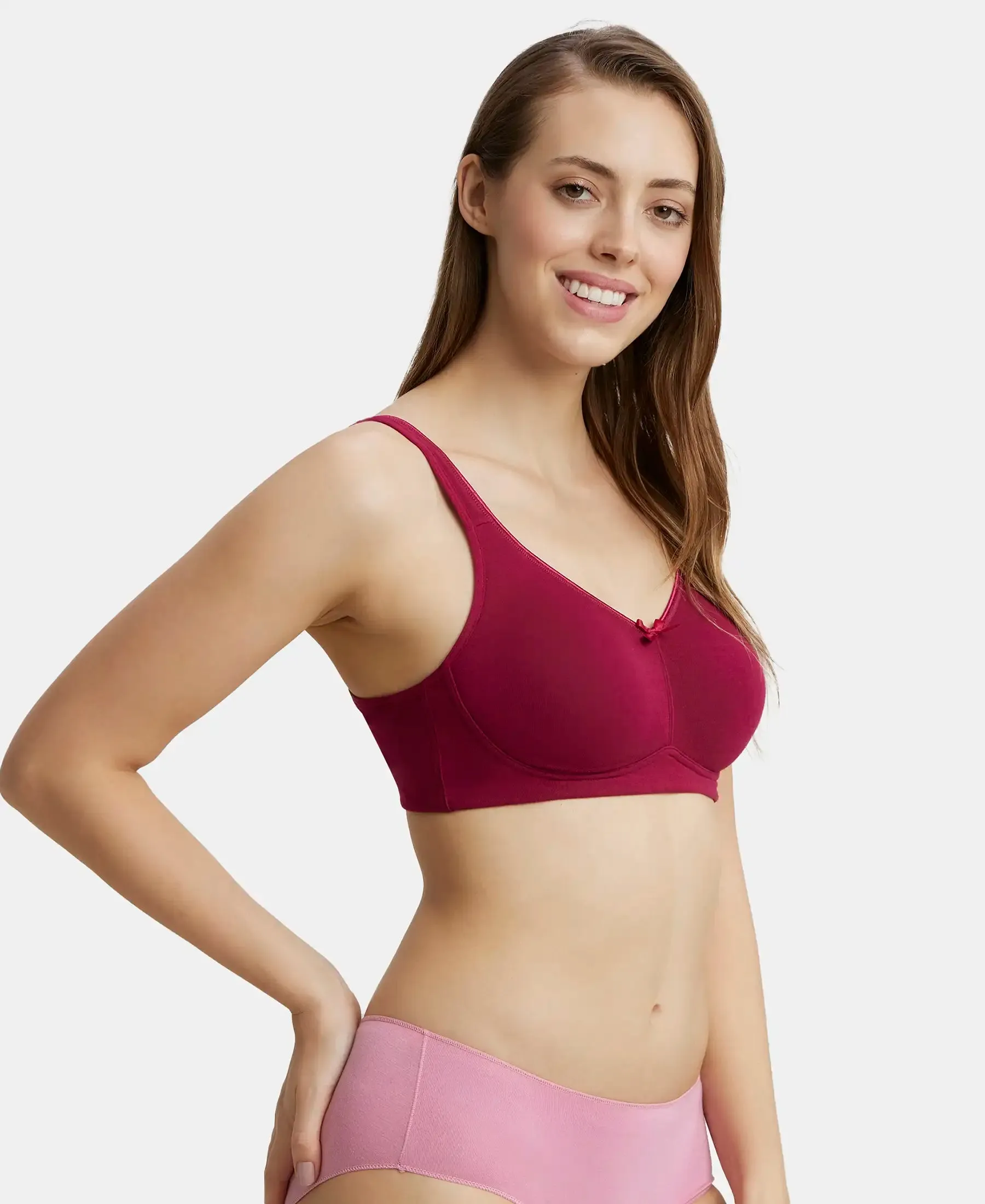 Wirefree Non Padded Plus Size Super Combed Cotton Elastane Stretch Full Coverage Everyday Bra with Concealed Shaper Panel - Beet Red