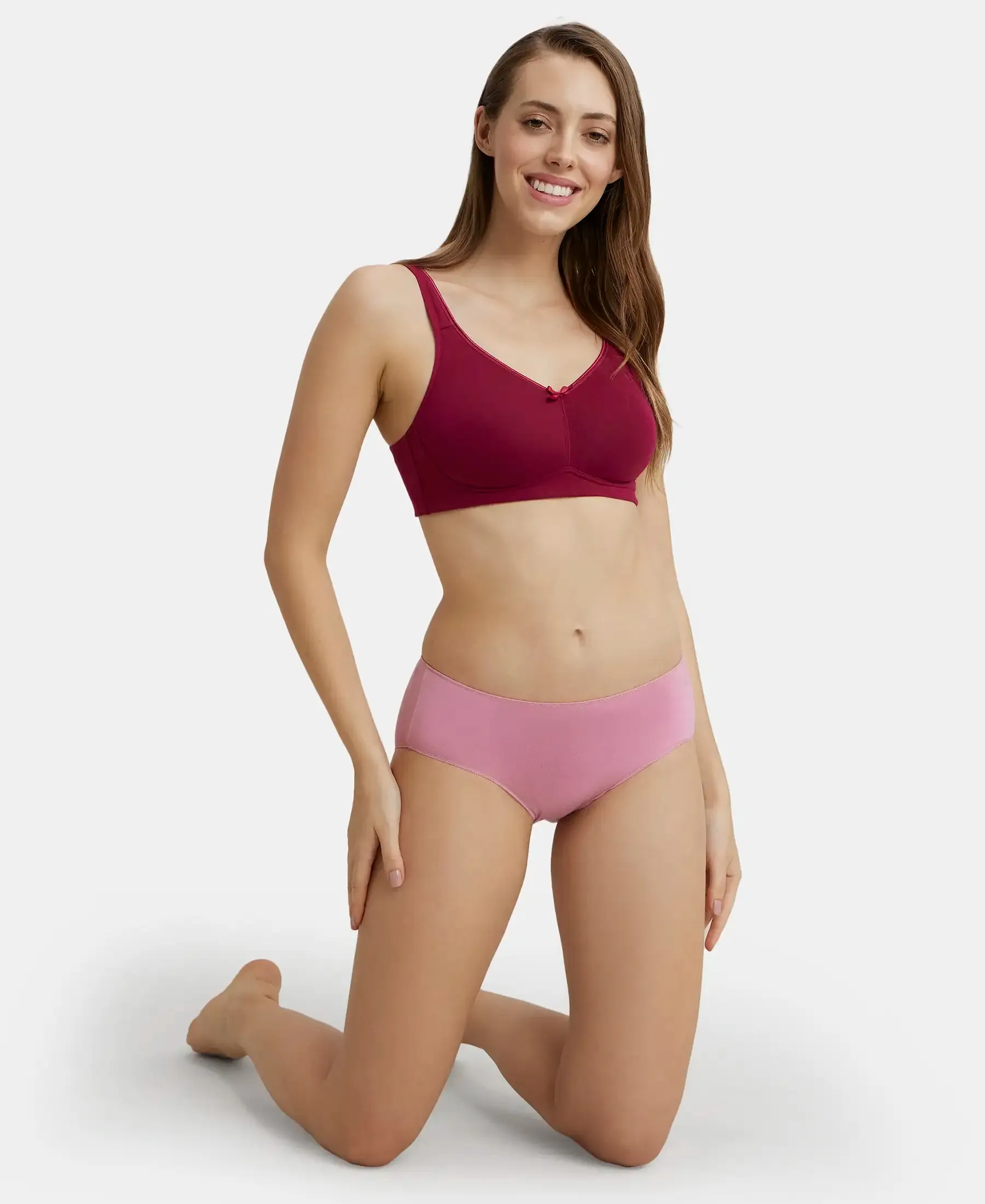 Wirefree Non Padded Plus Size Super Combed Cotton Elastane Stretch Full Coverage Everyday Bra with Concealed Shaper Panel - Beet Red